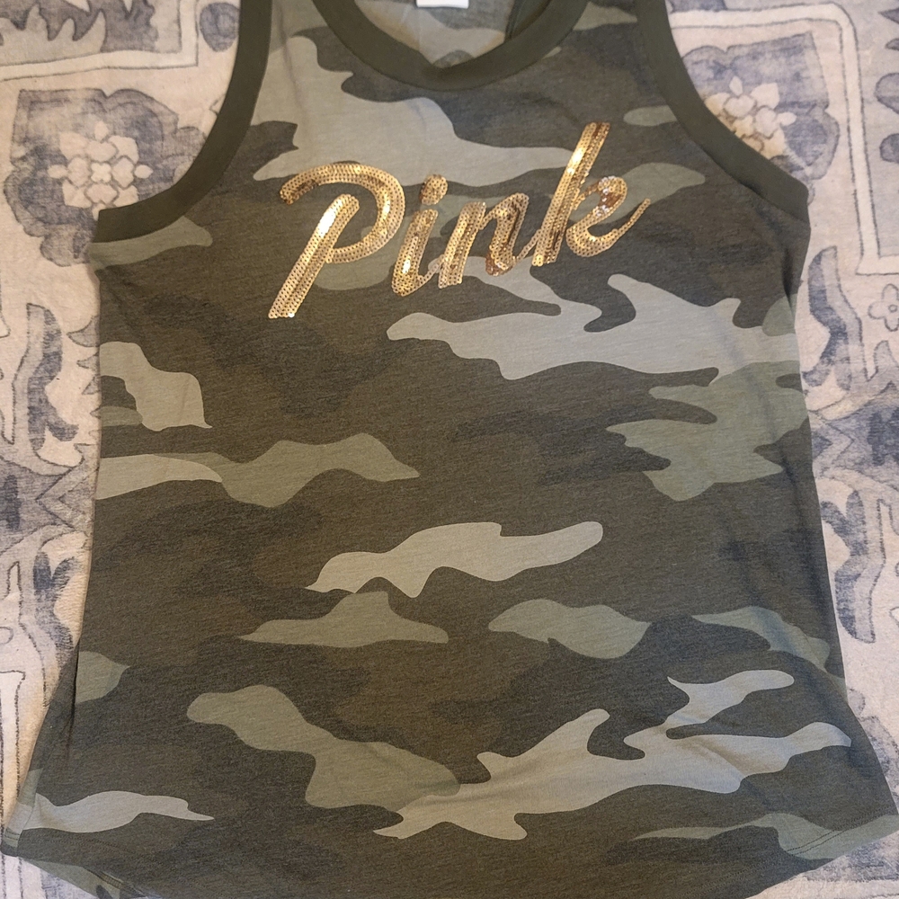 PINK Victoria's Secret Green and Gold Camouflage Tank Top